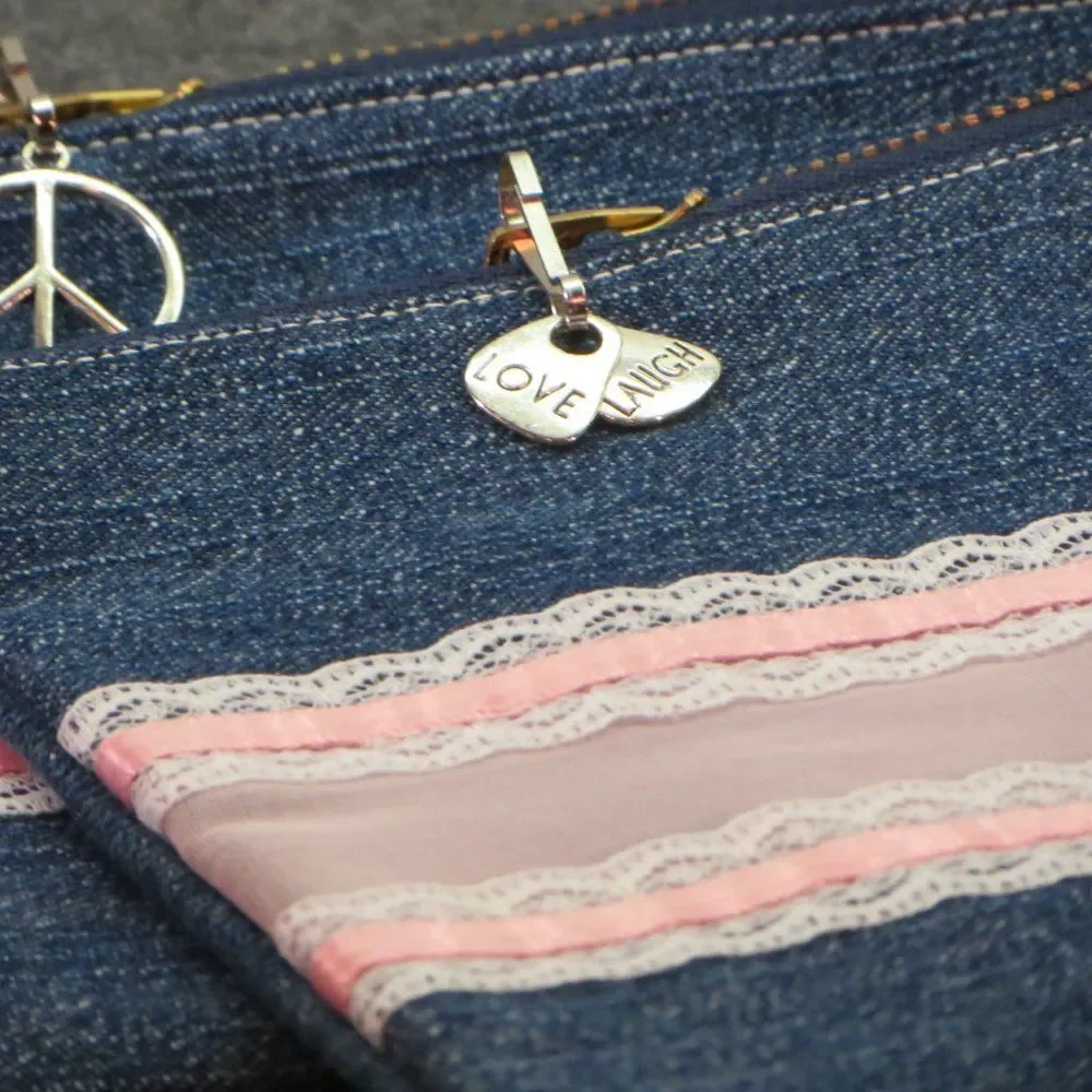 Pink Lace on Denim Small Zippered Pouch Makeup Bag NEW Last One Left